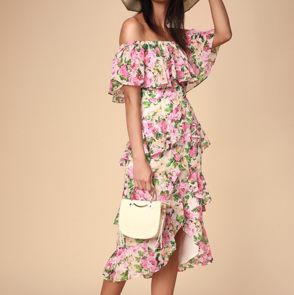 LIRA WHITE FLORAL PRINT RUFFLED OFF-THE-SHOULDER M